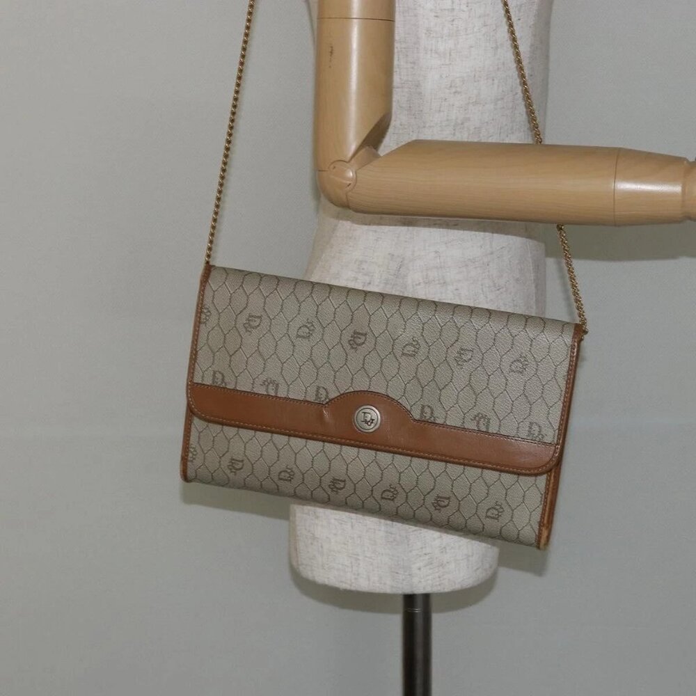 Christian Dior Honeycomb Canvas Chain Shoulder Bag PVC Beige Gold Auth